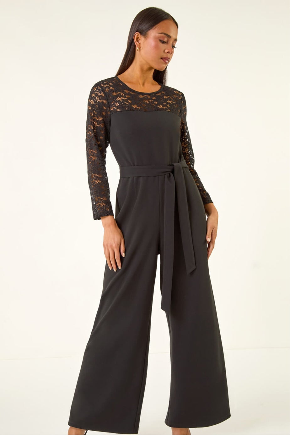 Roman Black Petite Lace Contrast Stretch Jumpsuit