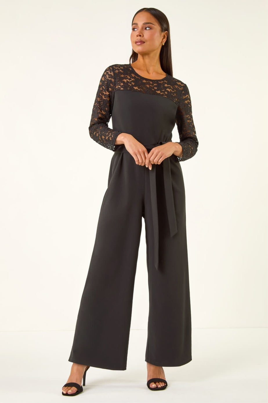 Roman Black Petite Lace Contrast Stretch Jumpsuit