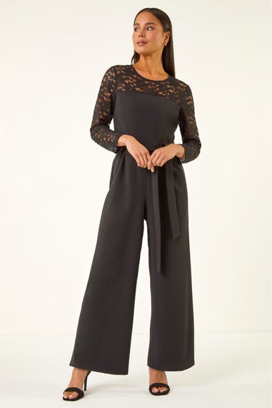 Roman Black Petite Lace Contrast Stretch Jumpsuit