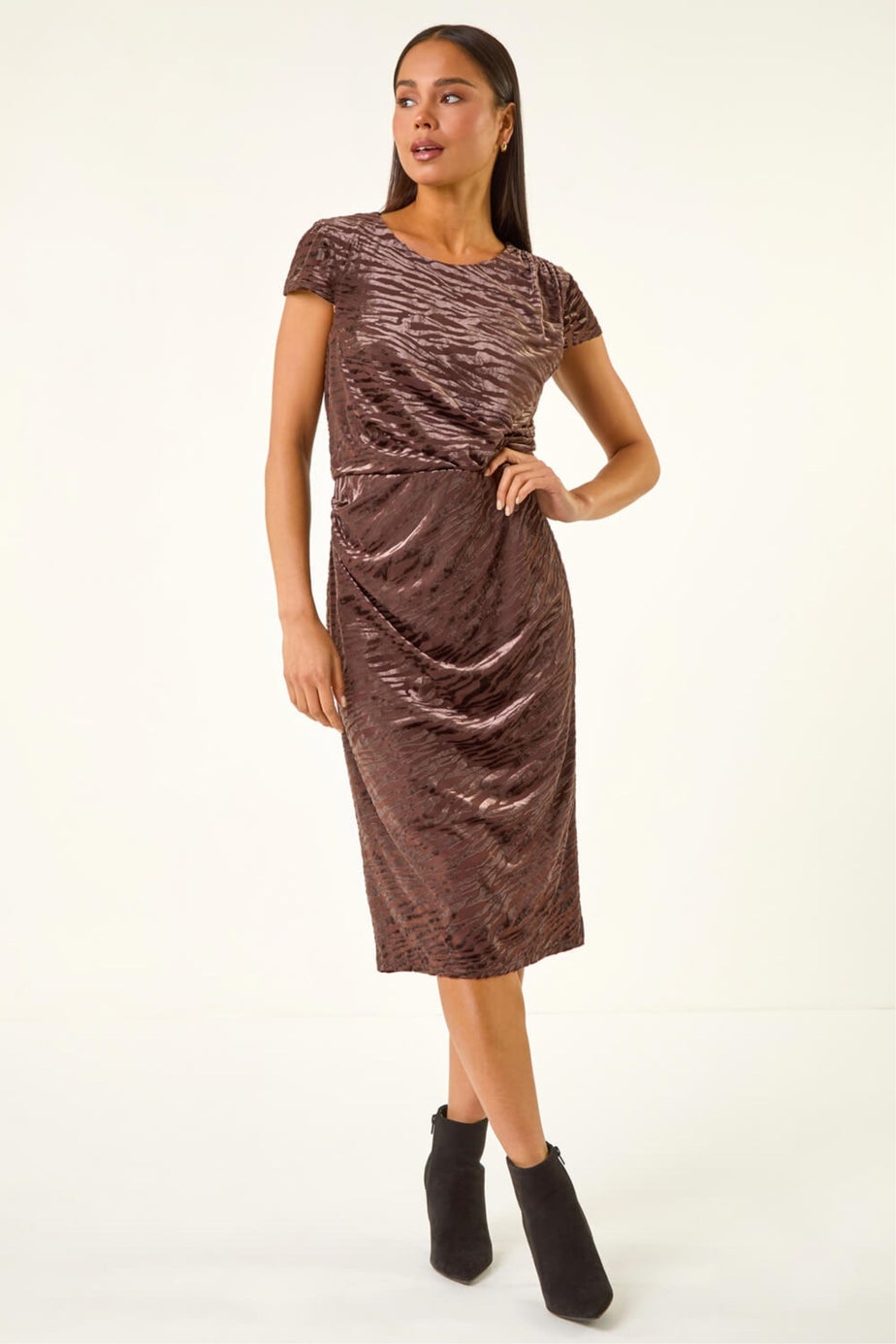 Roman Chocolate Petite Velvet Burnout Stretch Dress