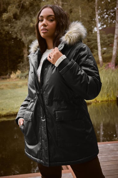Yours Curve Black Waxed Faux Fur Trim Parka Coat