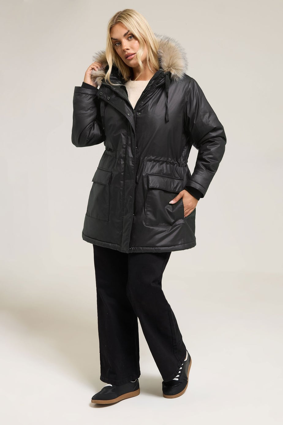 Yours Curve Black Waxed Faux Fur Trim Parka Coat