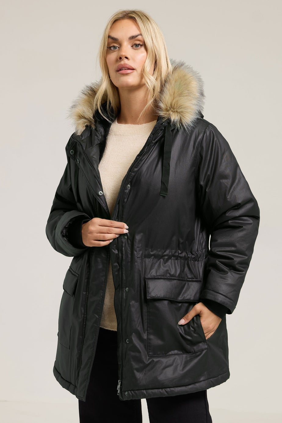 Yours Curve Black Waxed Faux Fur Trim Parka Coat