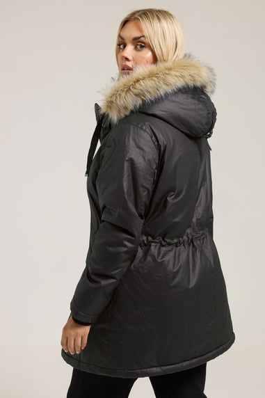 Yours Curve Black Waxed Faux Fur Trim Parka Coat