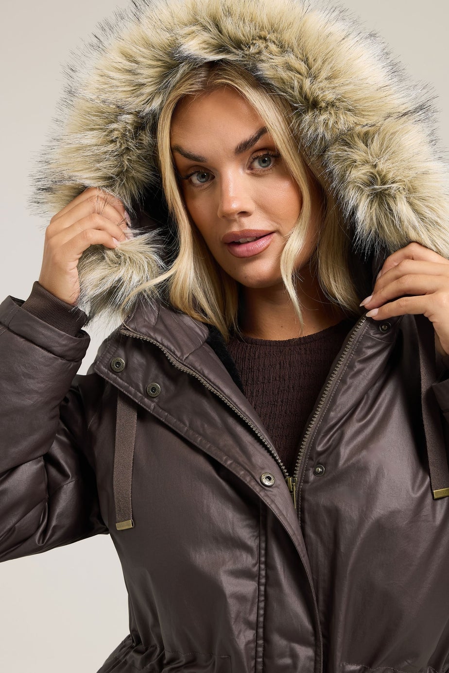 Yours Curve Brown Waxed Faux Fur Trim Parka Coat