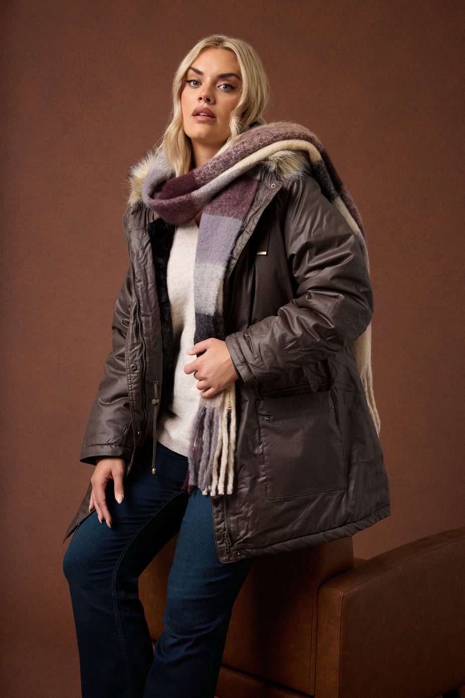 Yours Curve Brown Waxed Faux Fur Trim Parka Coat