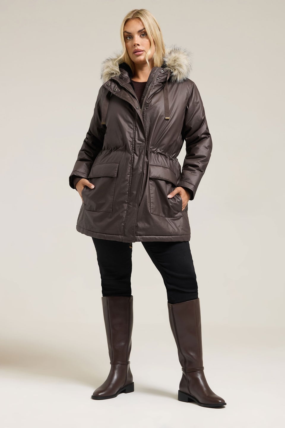 Yours Curve Brown Waxed Faux Fur Trim Parka Coat