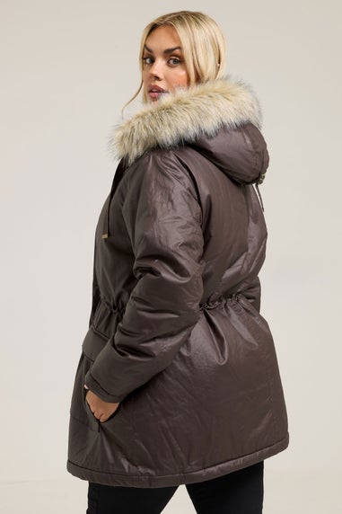 Yours Curve Brown Waxed Faux Fur Trim Parka Coat