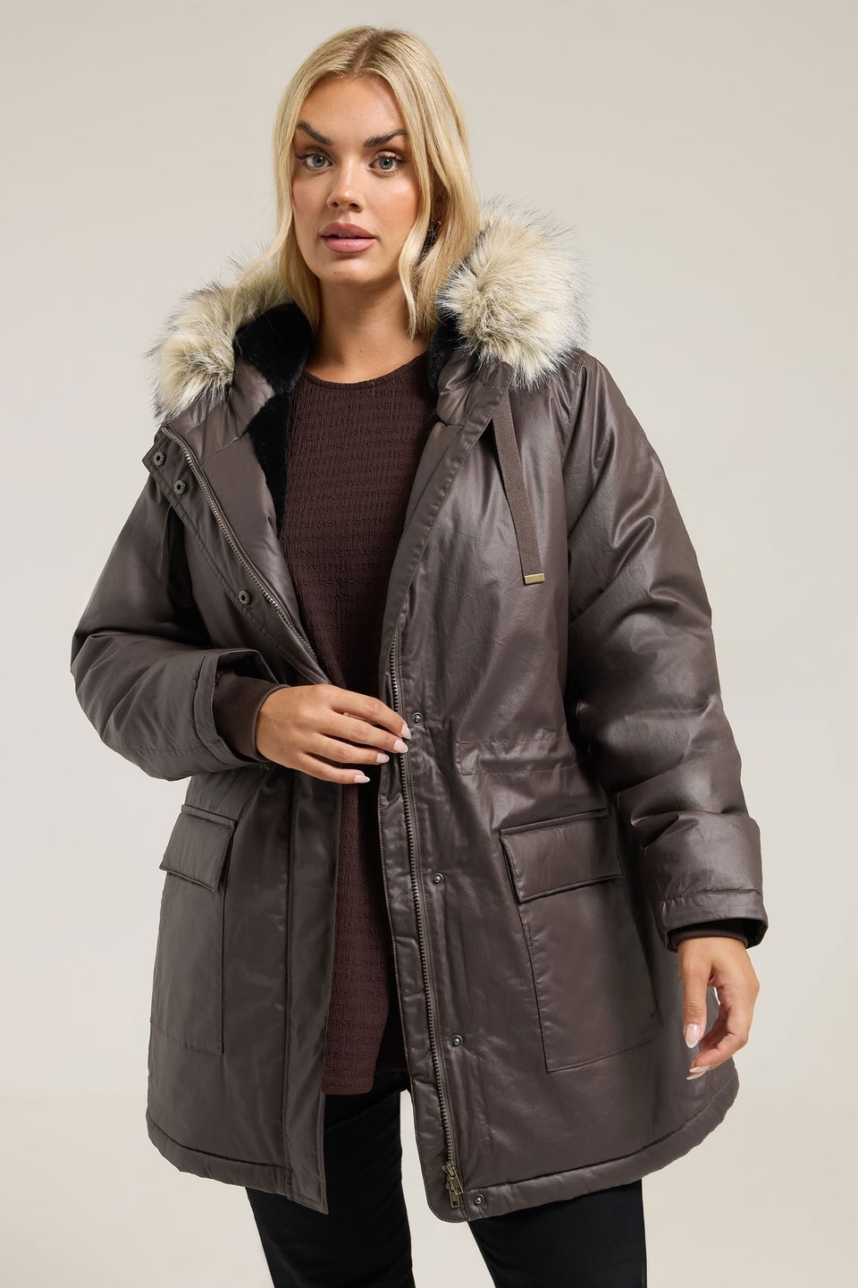 Yours Curve Brown Waxed Faux Fur Trim Parka Coat