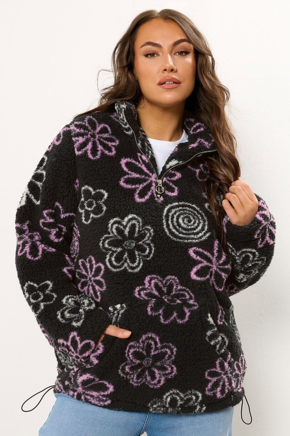 Yours Curve Black Floral Quarter Zip Fleece