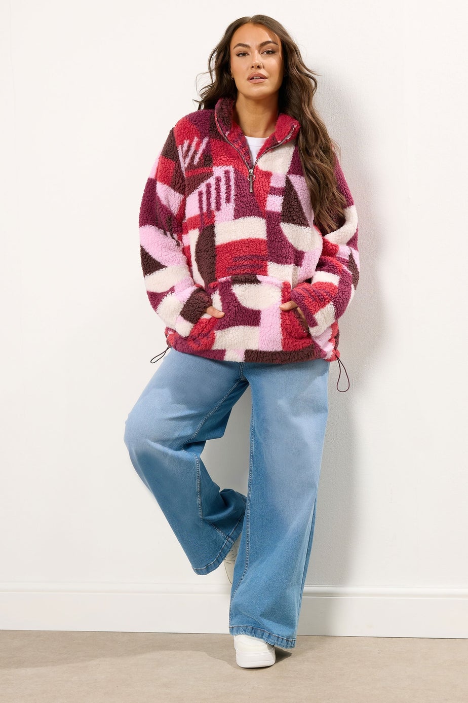 Yours Curve Pink Abstract Quarter Zip Fleece