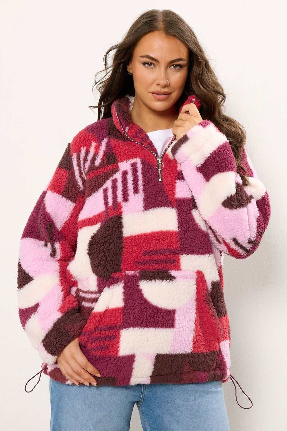 Yours Curve Pink Abstract Quarter Zip Fleece