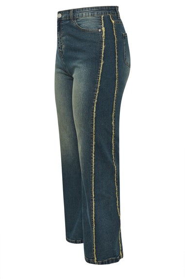 Yours Curve Blue Washed Fray Seam Wide Leg Jeans