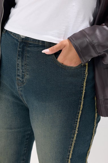 Yours Curve Blue Washed Fray Seam Wide Leg Jeans