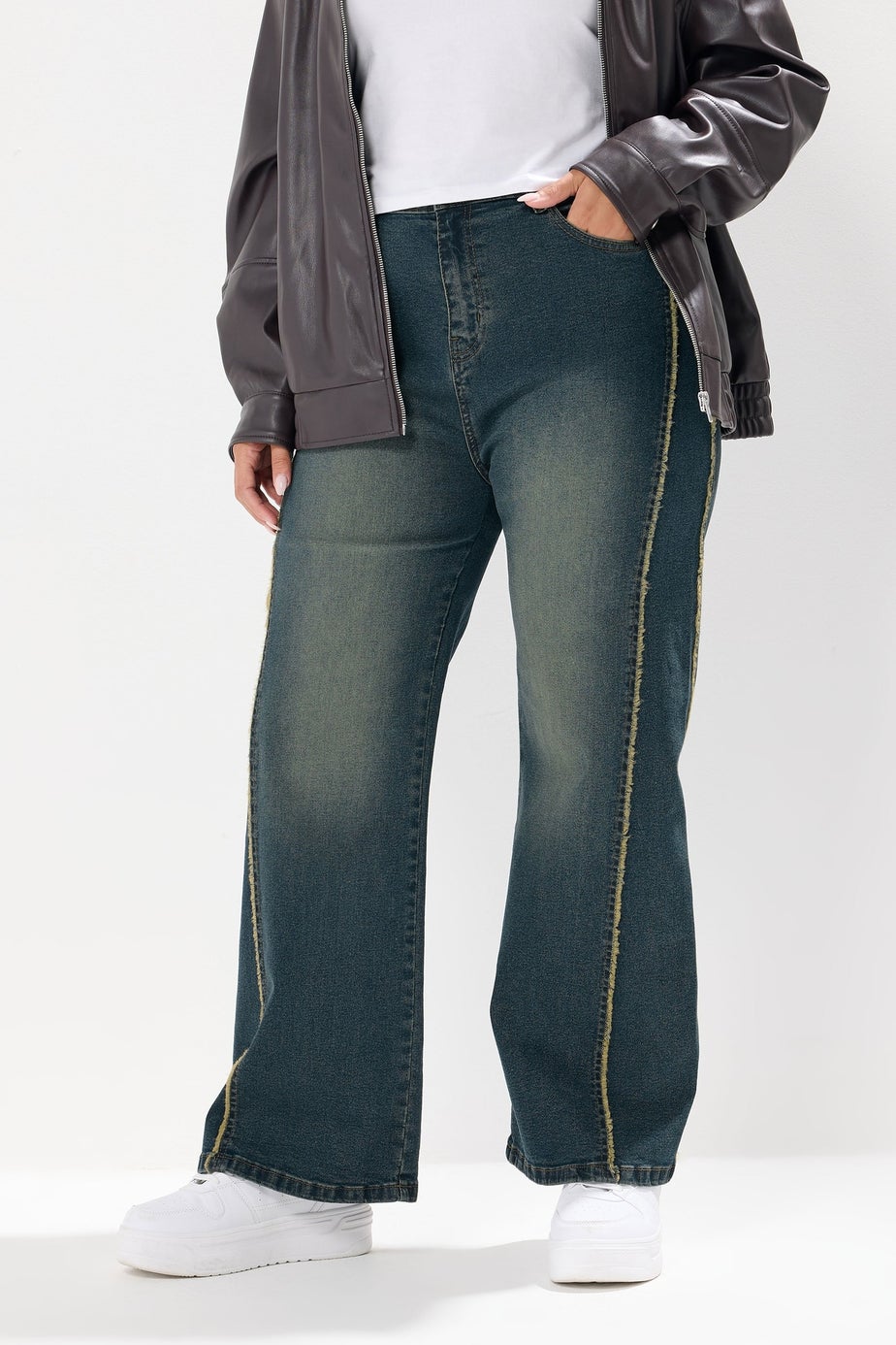 Yours Curve Blue Washed Fray Seam Wide Leg Jeans