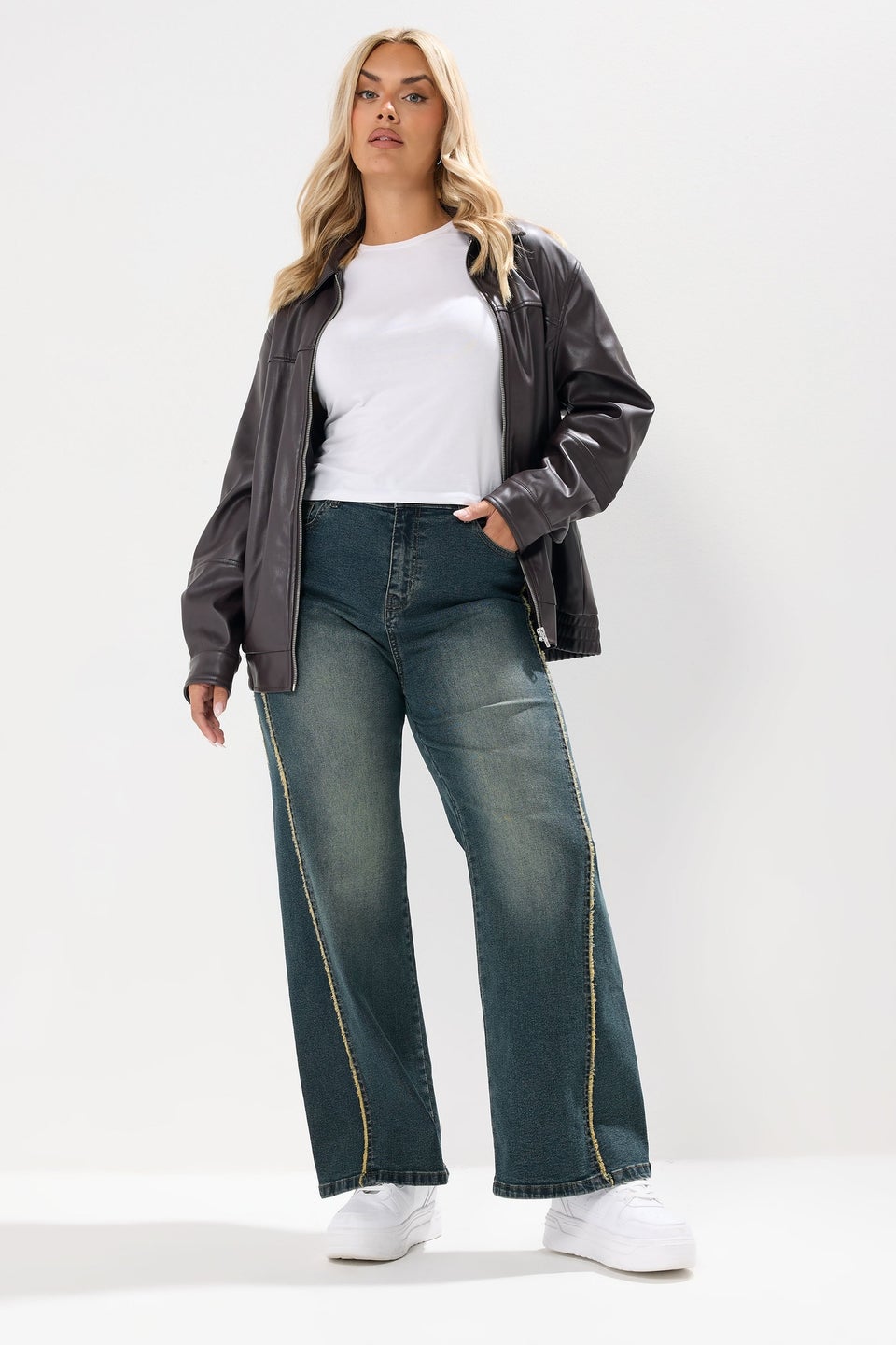 Yours Curve Blue Washed Fray Seam Wide Leg Jeans
