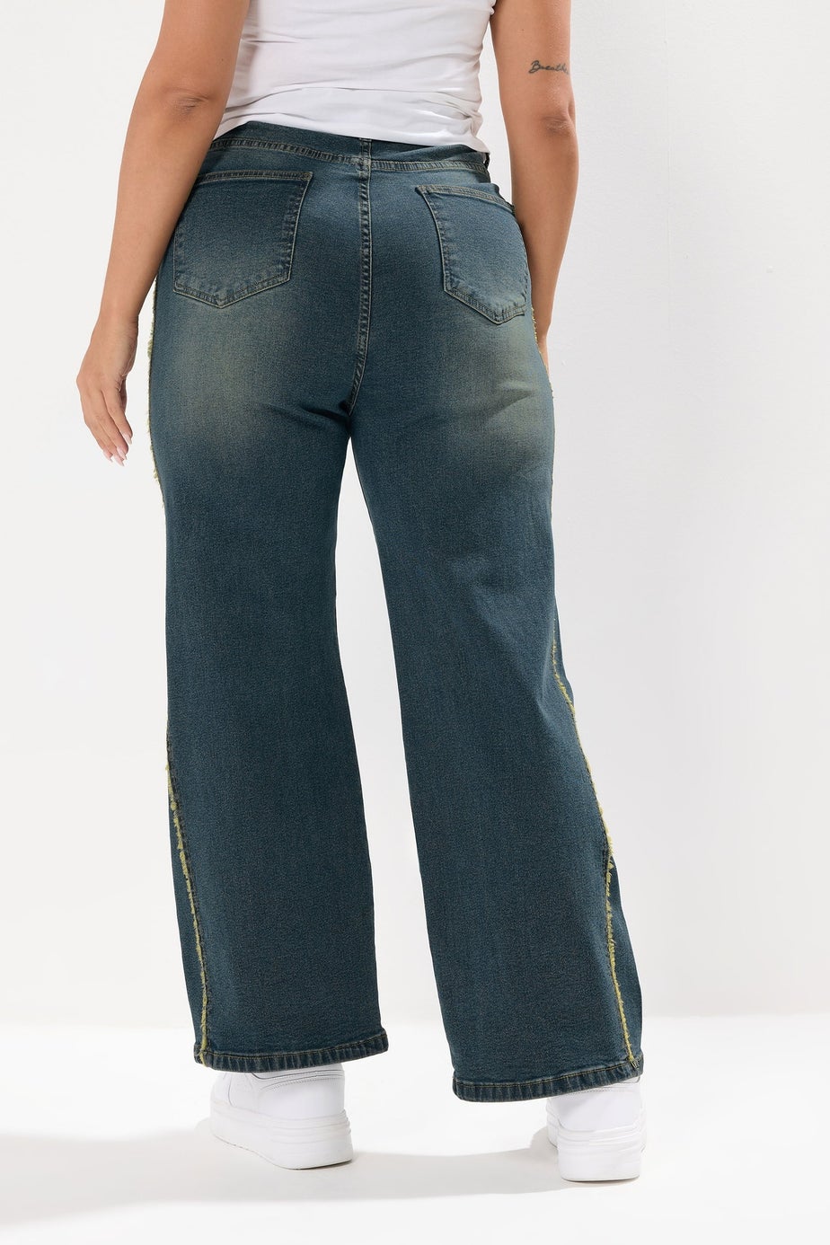 Yours Curve Blue Washed Fray Seam Wide Leg Jeans