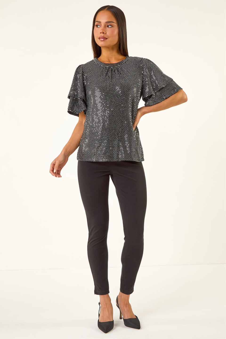 Roman Pewter Petite Sequin Flute Sleeve Top
