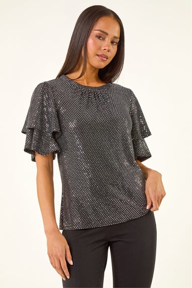 Roman Pewter Petite Sequin Flute Sleeve Top