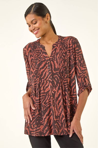 Roman Rust Animal Print Pintuck Stretch Shirt