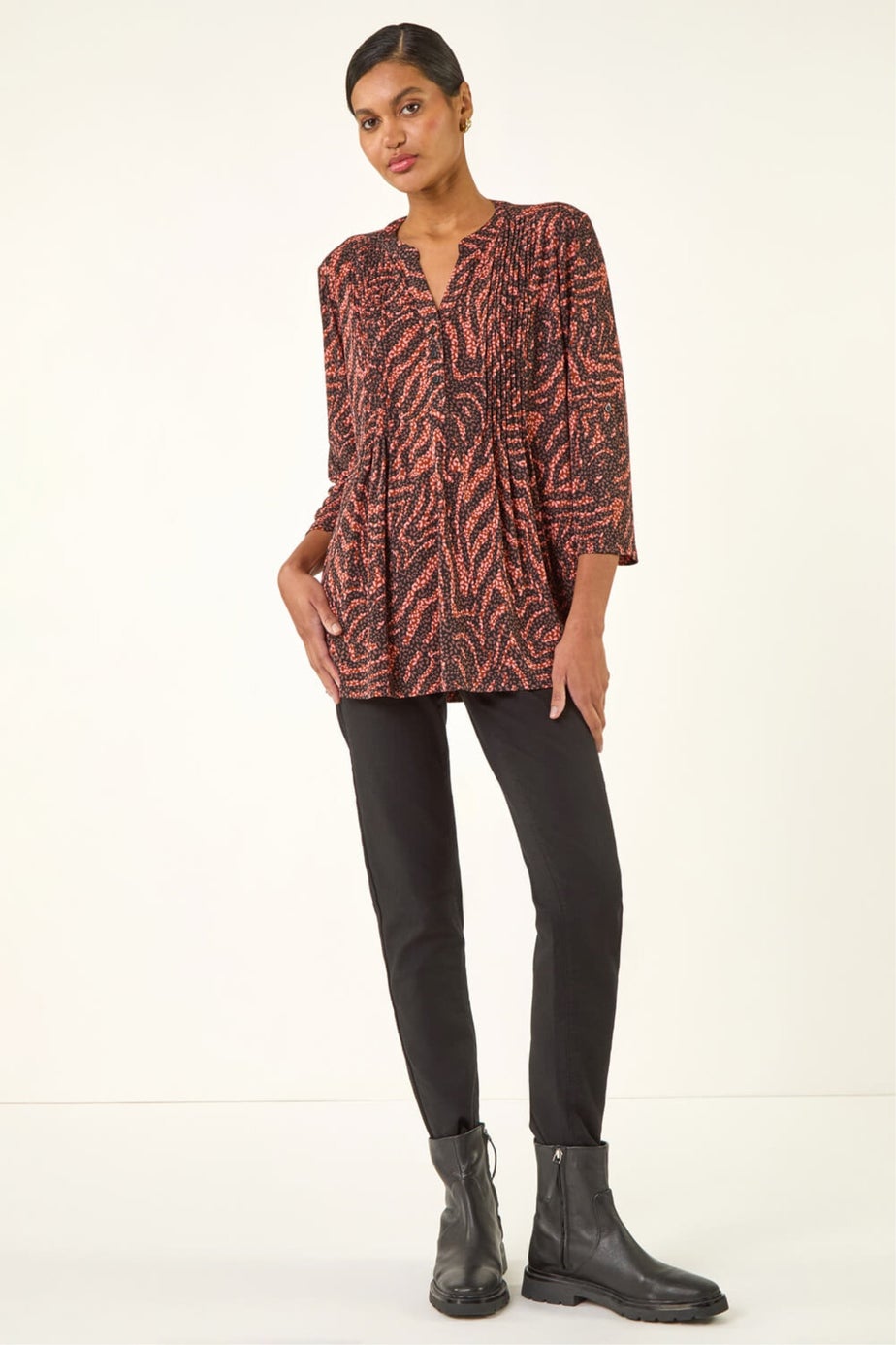 Roman Rust Animal Print Pintuck Stretch Shirt
