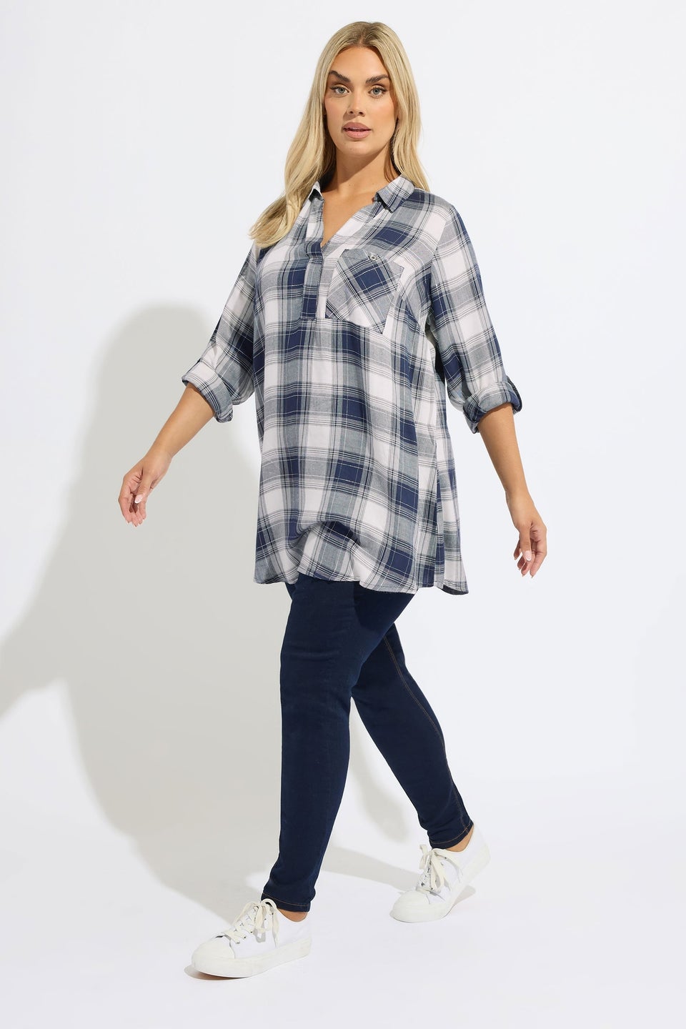 Yours Curve Navy Blue Check Overhead Shirt