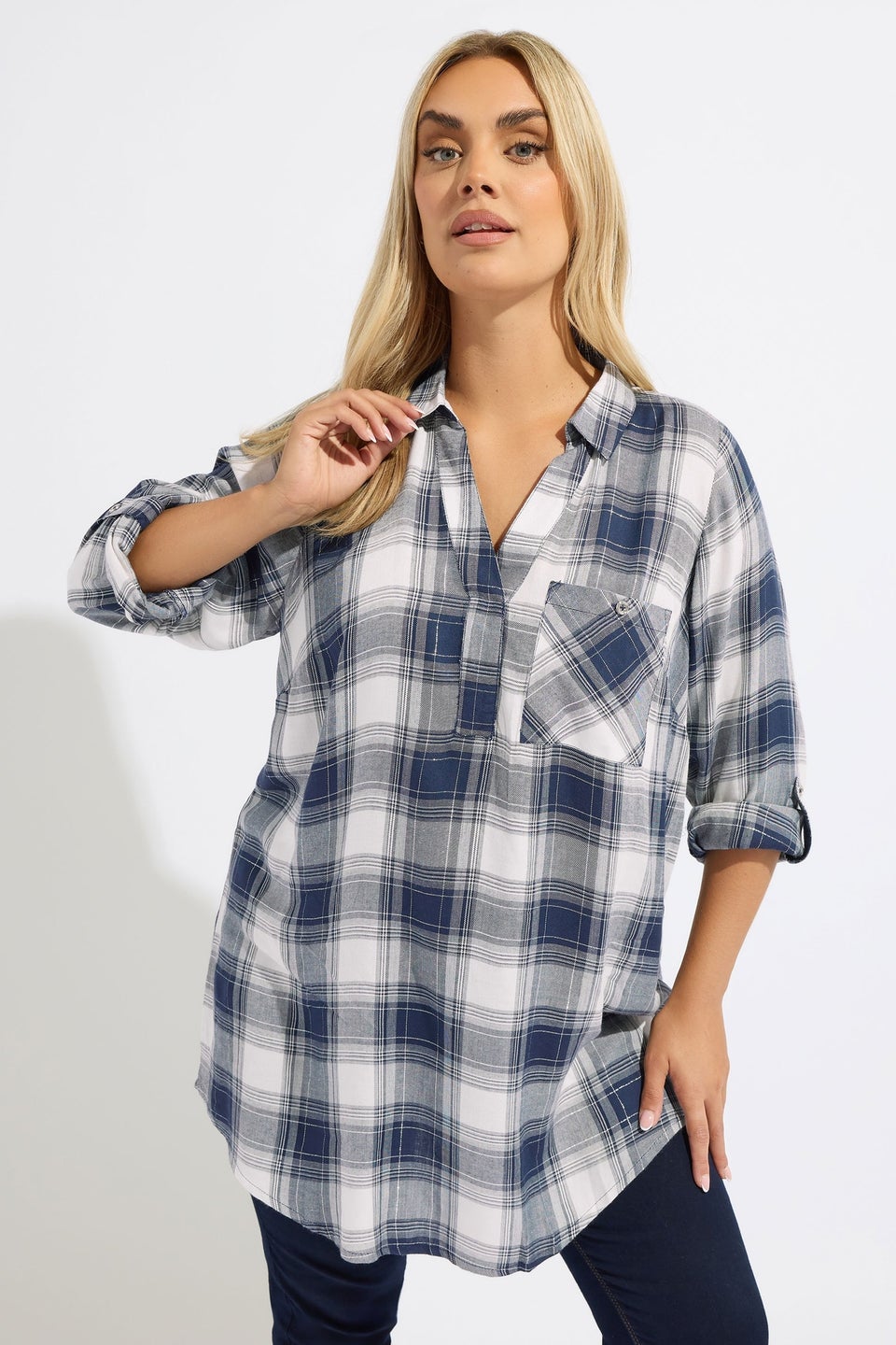 Yours Curve Navy Blue Check Overhead Shirt