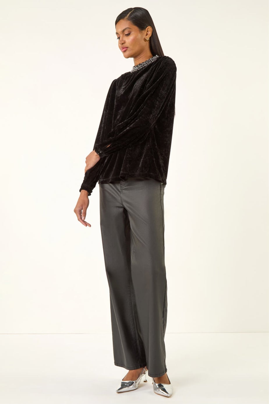 Roman Black Beaded Neck Velvet Top