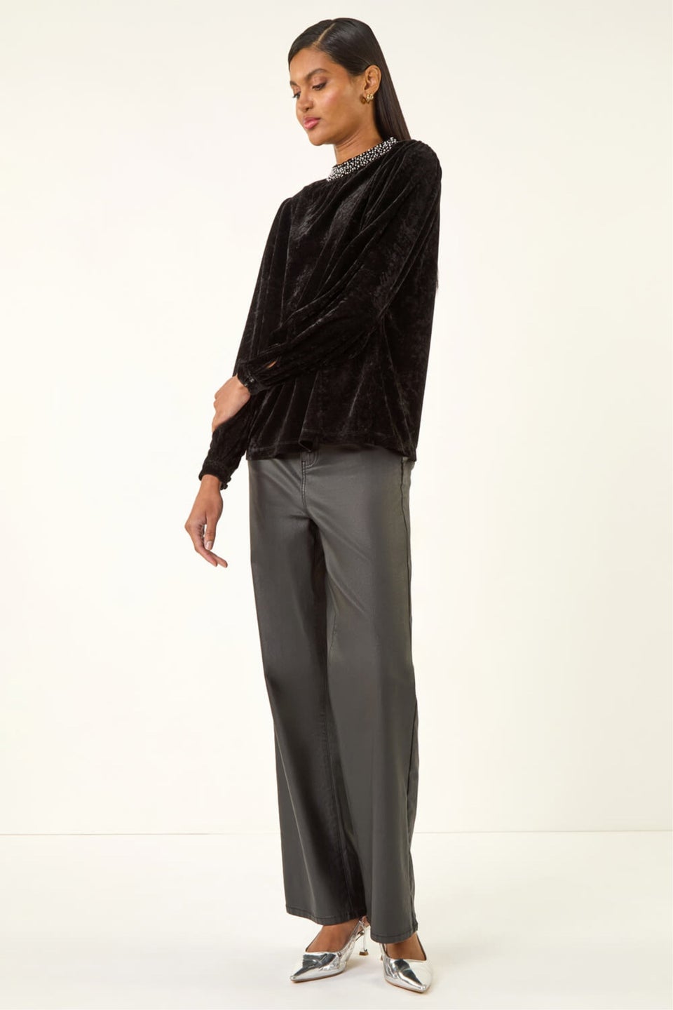 Roman Black Beaded Neck Velvet Top