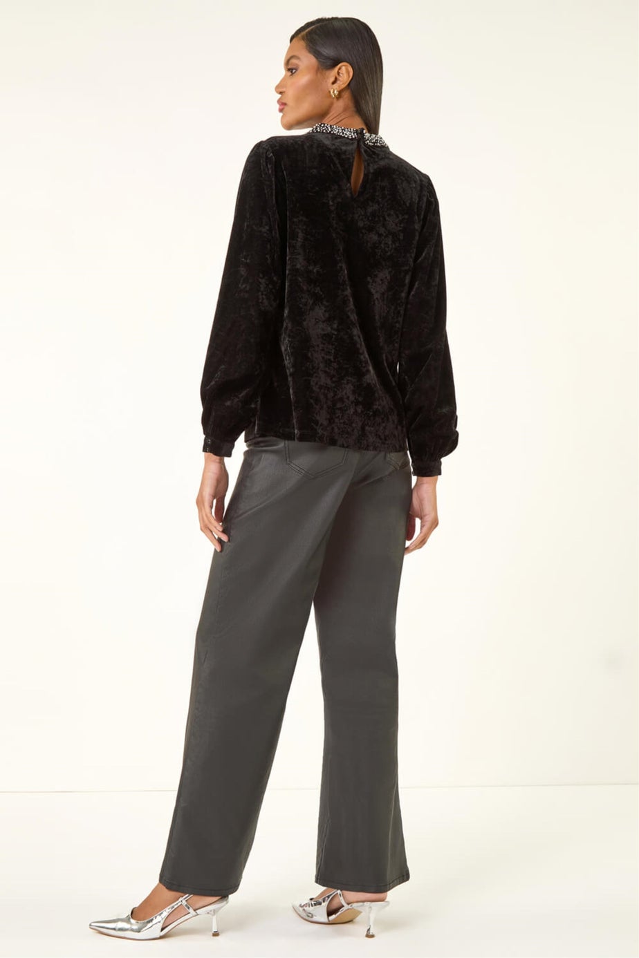 Roman Black Beaded Neck Velvet Top