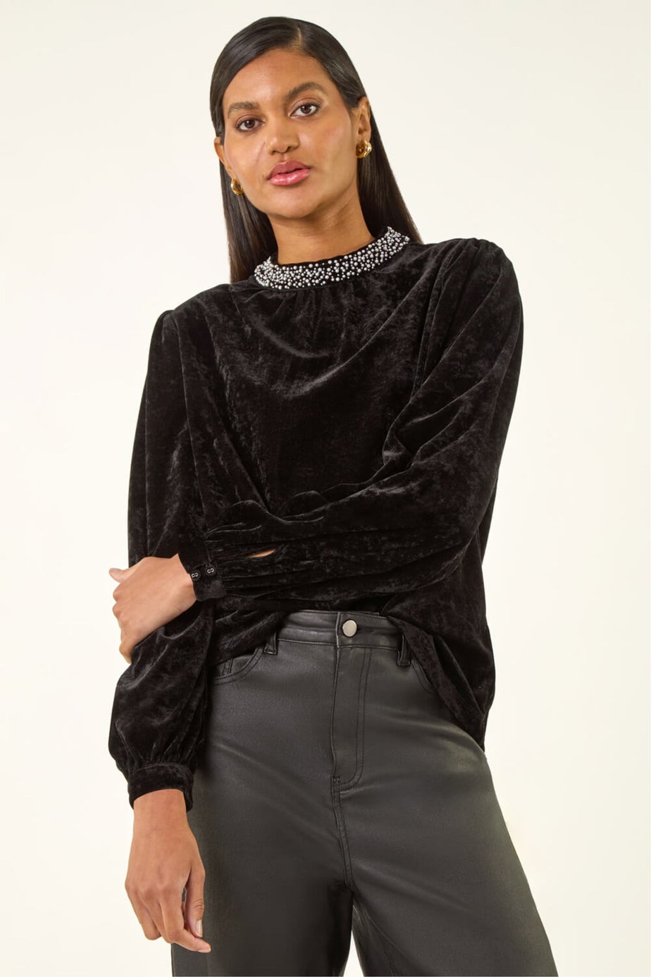 Roman Black Beaded Neck Velvet Top