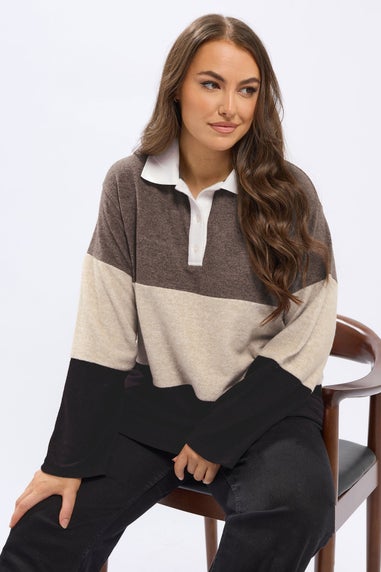 Yours Curve Natural Brown Colourblock Rugby Collar Top