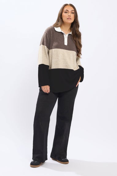 Yours Curve Natural Brown Colourblock Rugby Collar Top