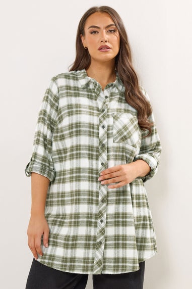 Yours Curve Khaki Green Check Boyfriend Shirt