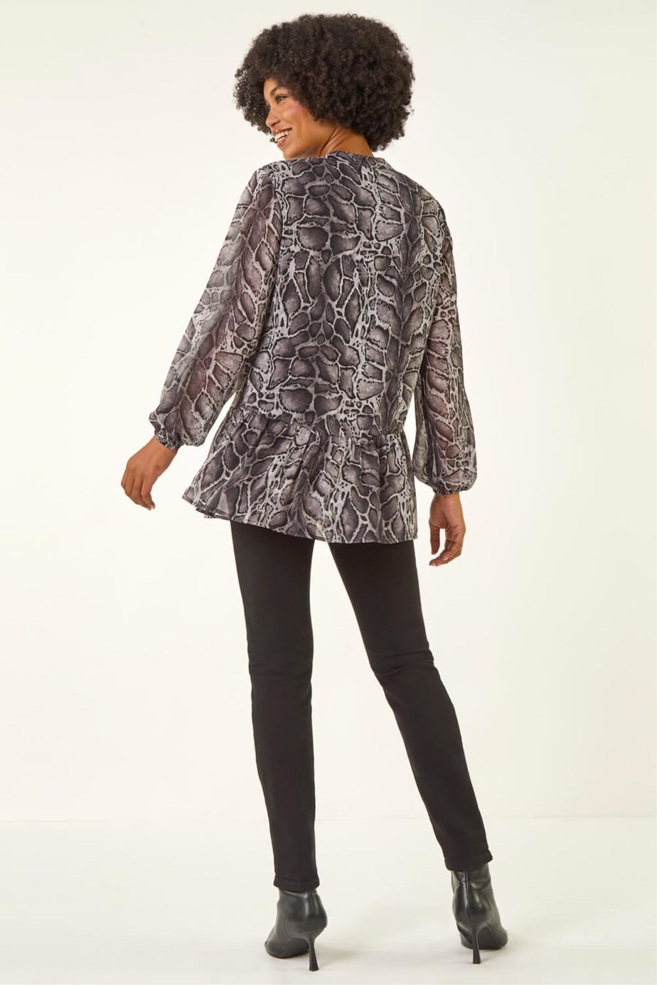 Roman Dark Grey Snake Print V-Neck Tunic Top