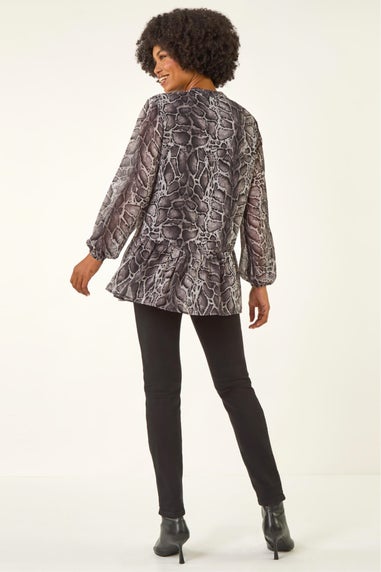 Roman Dark Grey Snake Print V-Neck Tunic Top