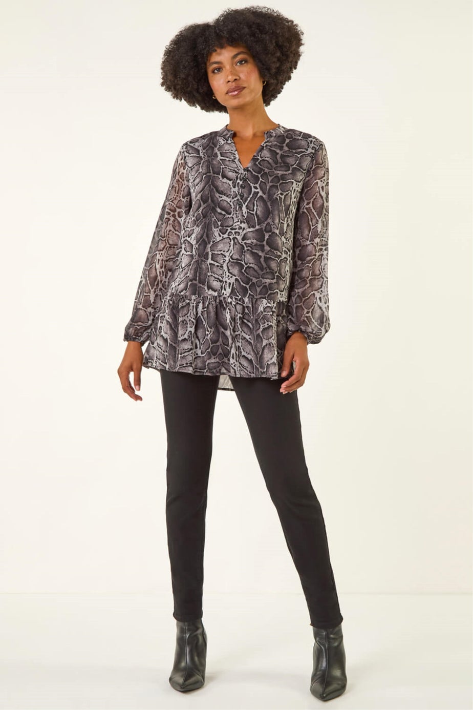Roman Dark Grey Snake Print V-Neck Tunic Top