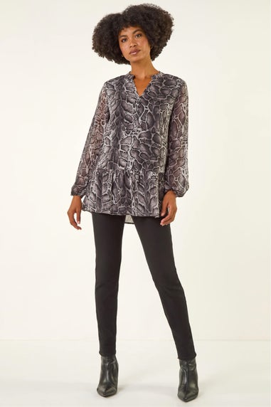 Roman Dark Grey Snake Print V-Neck Tunic Top