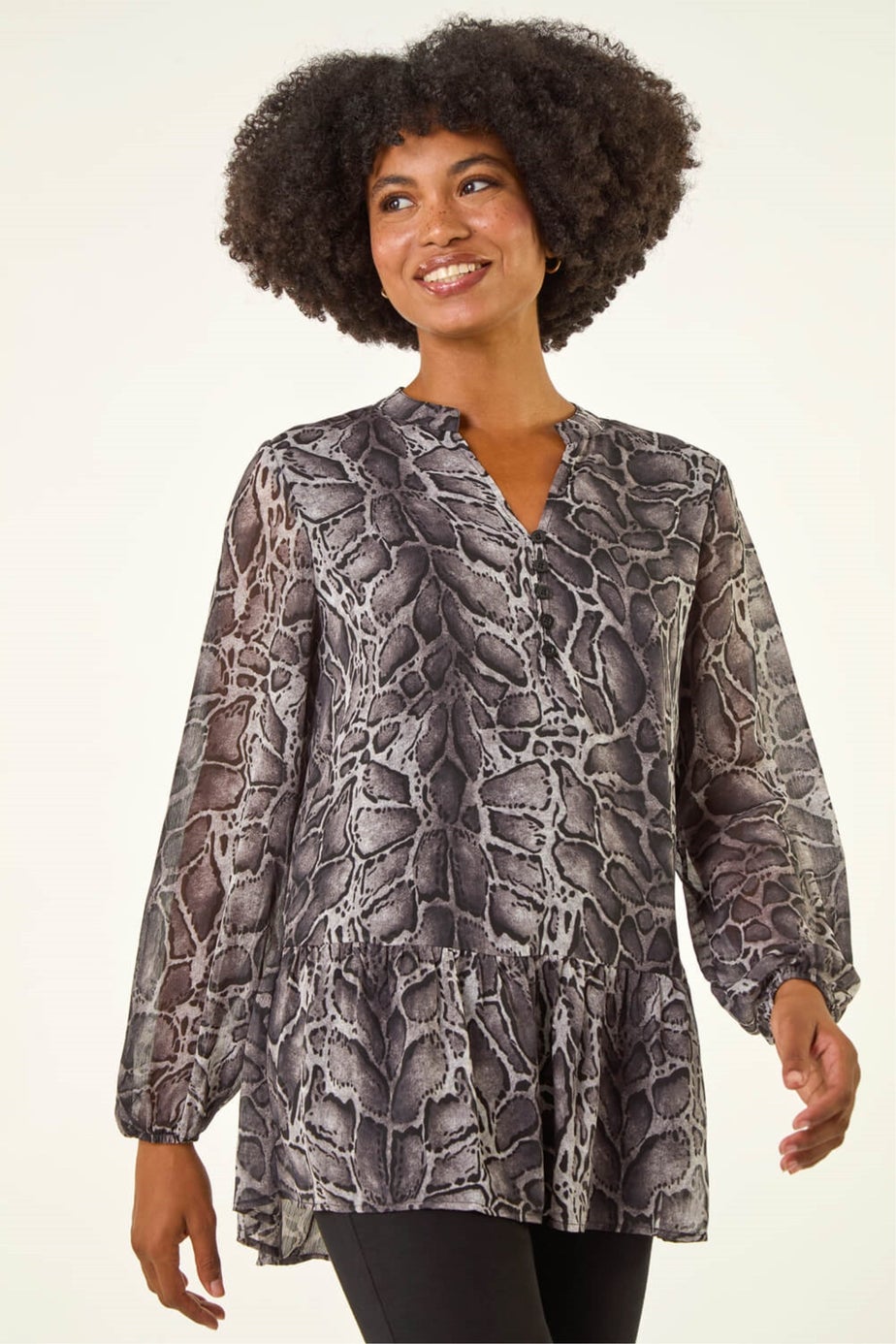 Roman Dark Grey Snake Print V-Neck Tunic Top