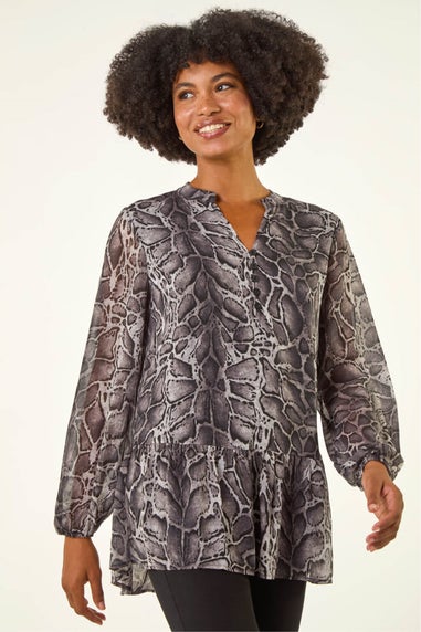Roman Dark Grey Snake Print V-Neck Tunic Top