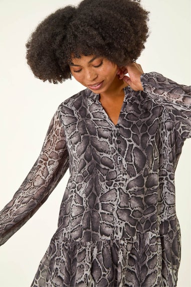 Roman Dark Grey Snake Print V-Neck Tunic Top