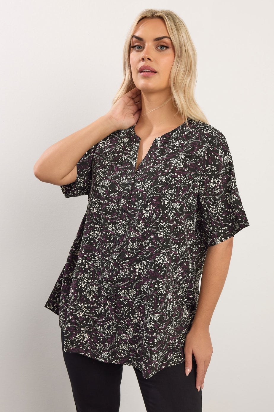 Yours Curve Purple Floral Print Notch Neck Blouse