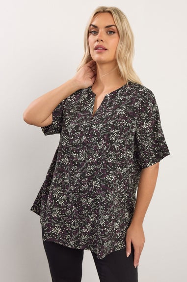 Yours Curve Purple Floral Print Notch Neck Blouse