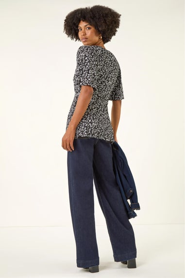 Roman Black Floral Print V-Neck Lace Stretch Top