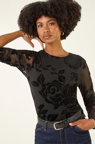Roman Black Textured Velvet Stretch Top