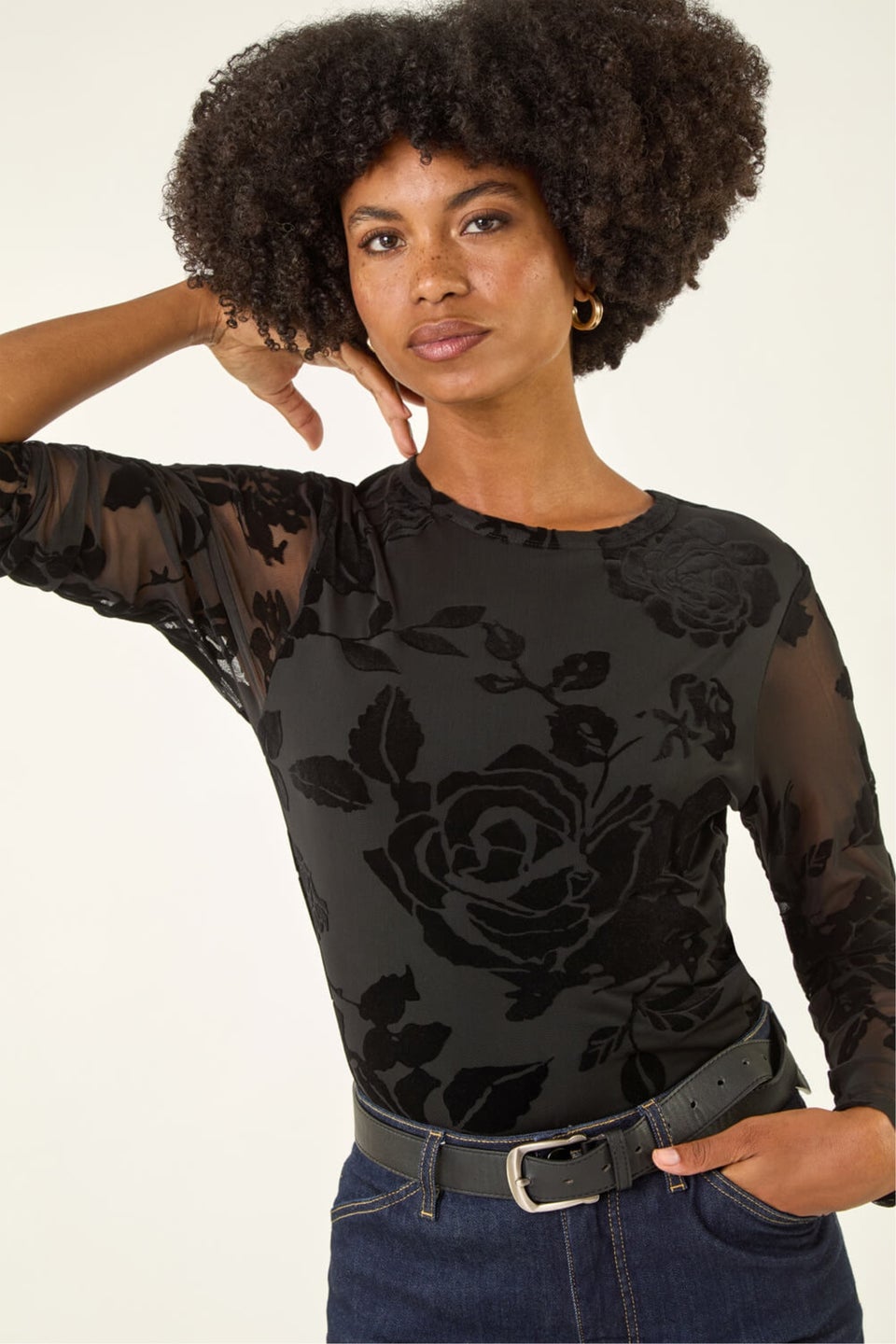 Roman Black Textured Velvet Stretch Top