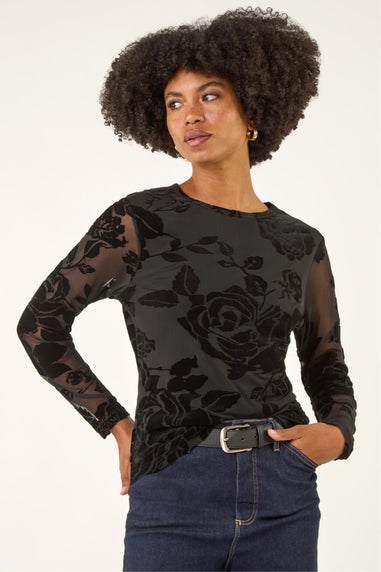 Roman Black Textured Velvet Stretch Top