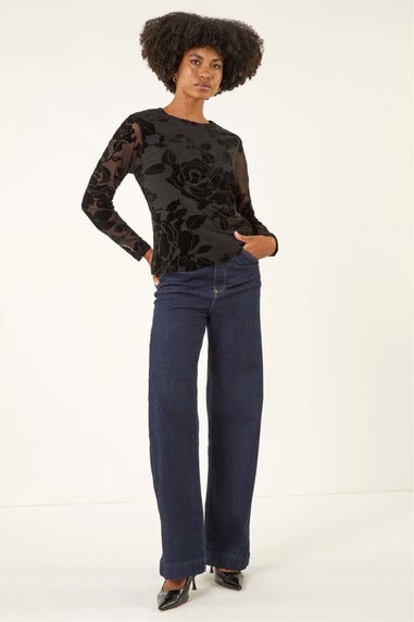 Roman Black Textured Velvet Stretch Top