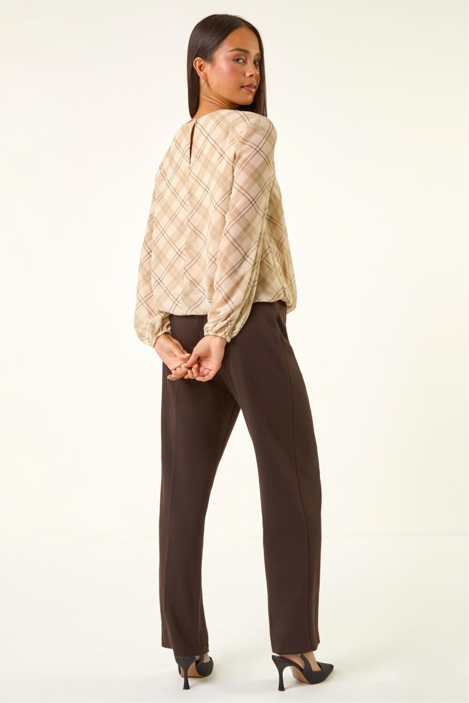 Roman Cream Petite Check Bubble Hem Top