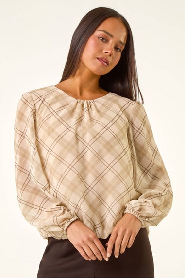 Roman Cream Petite Check Bubble Hem Top